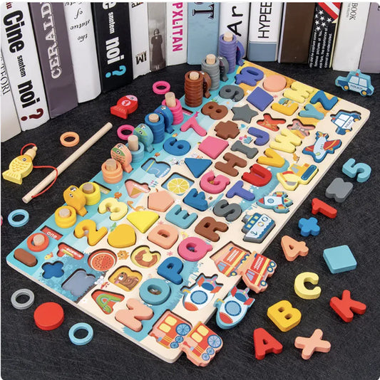 Premium 7-in-1 Wooden Montessori Educational Toy - Numbers, Shapes & Magnetic Fishing